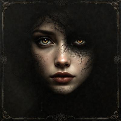 The primary subject of the image is a woman with long hair and a black and white color scheme. She has a striking appearance, with her eyes being the most prominent feature. The setting is a dark background, which adds to the overall mood of the image. The visual style is a combination of a photo and digital art, creating a unique and intriguing portrait.